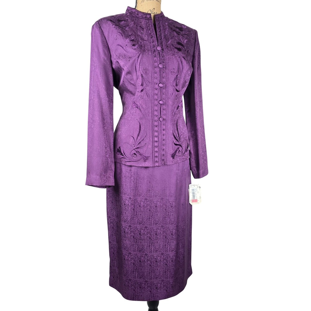 Adrianna Papell Purple Silk Set Beaded Embroidered Jacket & Skirt Size 12 NWT